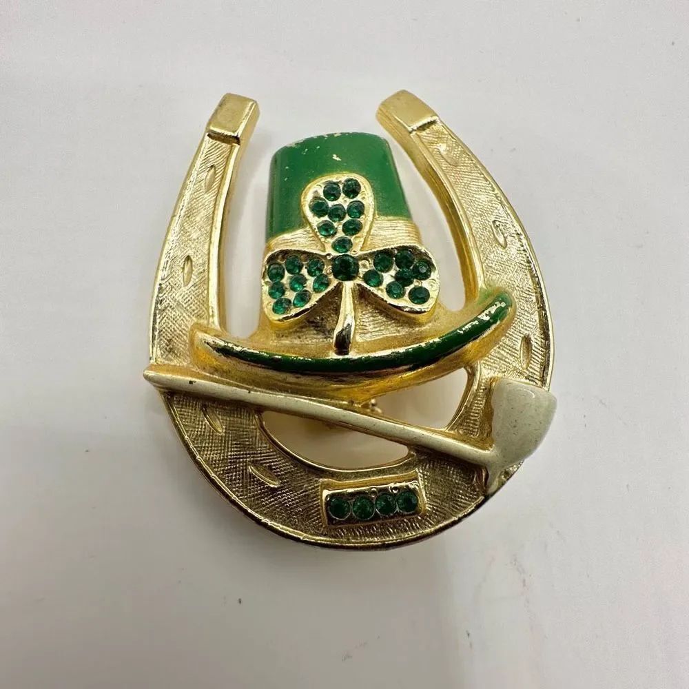 B.j. Vintage horseshoe St. Patrick’s day gold and green enamel brooch